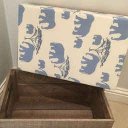 Blue Elephant Print Fabric Covered Wooden Vintage Style Reproduction Apple Crate Storage Seat/Footstool - thumbnail 3