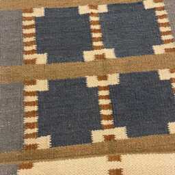 Handmade Ivory & Brown Swedish Kilim Rug, Wool Scandinavian Runner Bohemia Minimal Decor - thumbnail 2