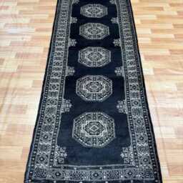 2.6x8 Black 3 Ply Handmade Bokhara Runner Rug - Hallway Stairs Carpet, Extra Thick Pile - thumbnail 2
