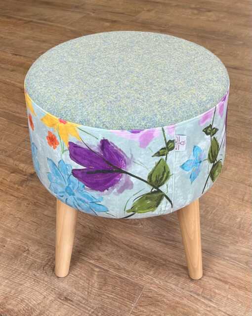Floral Velvet & Light Green Harris Tweed Round Footstool - image 1