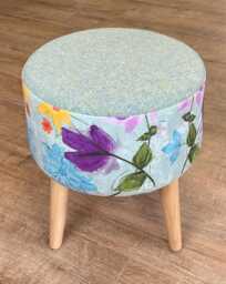 Floral Velvet & Light Green Harris Tweed Round Footstool - thumbnail 1