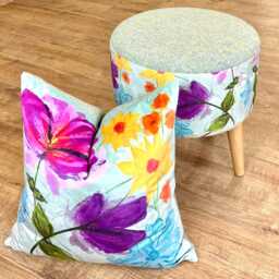 Floral Velvet & Light Green Harris Tweed Round Footstool - thumbnail 4