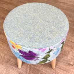 Floral Velvet & Light Green Harris Tweed Round Footstool - thumbnail 3