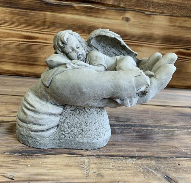 Stone Garden Angel Cherub On Hand Memorial Statue Ornament - image 1