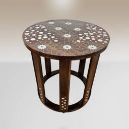 Round Coffee Table Inlaid With Mother Of Pearl - Walnut Wood Tin - High Quality Handmade Item-Damascus Marquetry Inlaid Side Table - thumbnail 2