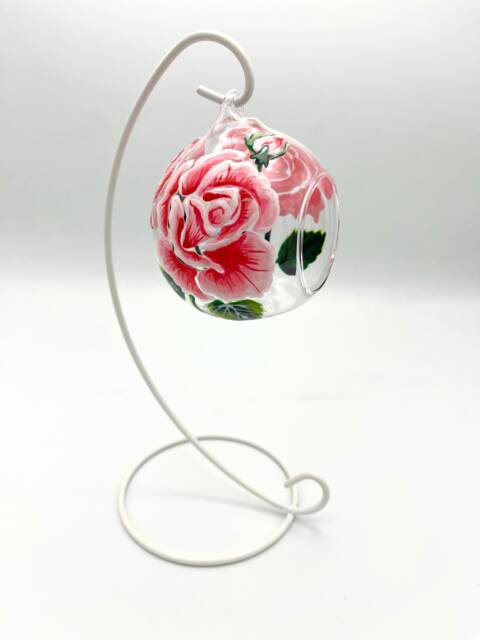 Hand Painted Rose Tealight Holder, Hanging Glass Ornament/ June Birth Flower - image 1
