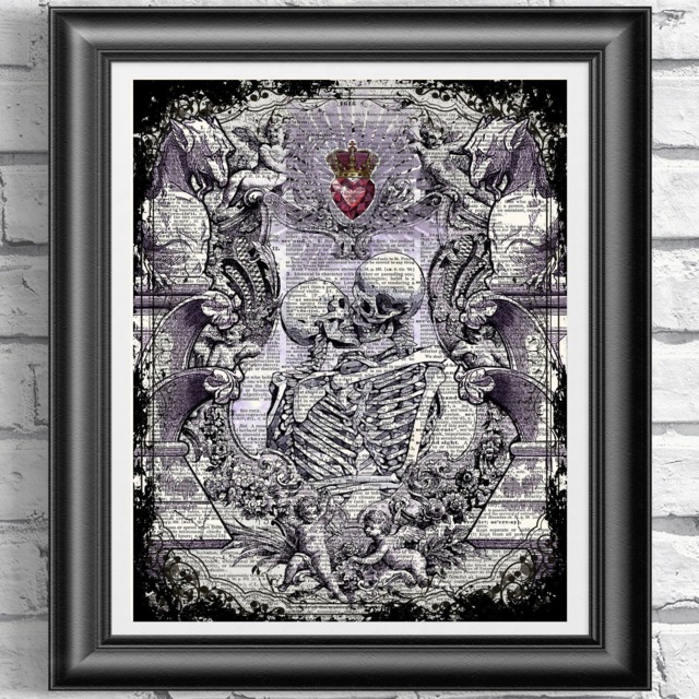 Skeletons in Love Art Print, Poster Print On Dictionary Book Page, Gothic Wall Art, Gargoyles Home Decor