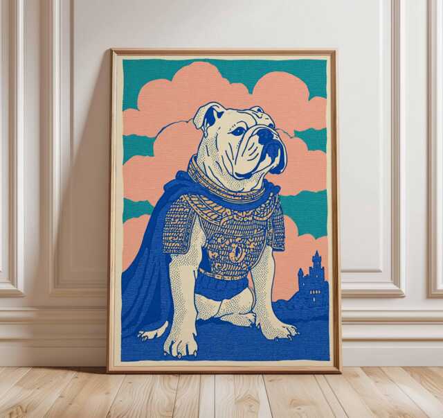 Medieval Bulldog Wall Art Print - Bold Blue & Pink Dog Illustration, Castle Inspired British Decor, Unique Pet Lover Gift - image 1