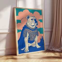 Medieval Bulldog Wall Art Print - Bold Blue & Pink Dog Illustration, Castle Inspired British Decor, Unique Pet Lover Gift - thumbnail 2