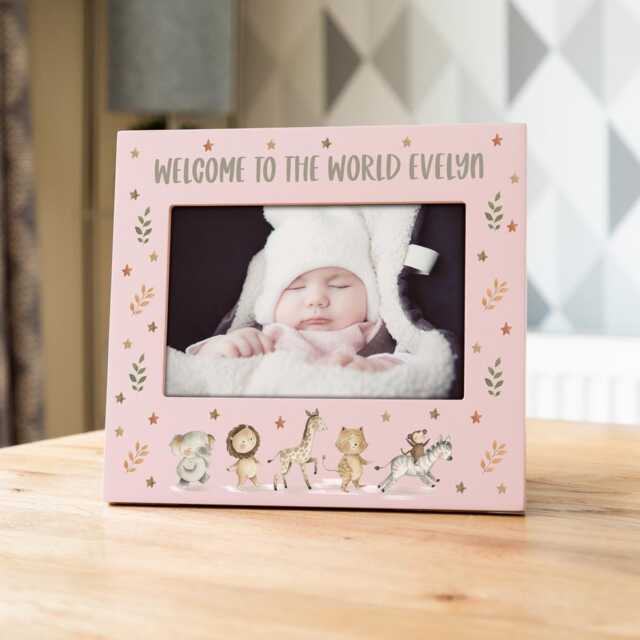 Pastel Photo Frame, New Baby Gift, Welcome To The World Personalised Picture Christening 1st Birthday Gift Safari Nursery Uv806 - image 1