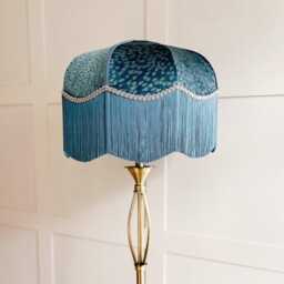 Blue Teal Velvet Fringed Lampshade Art Deco Style, Handmade in England