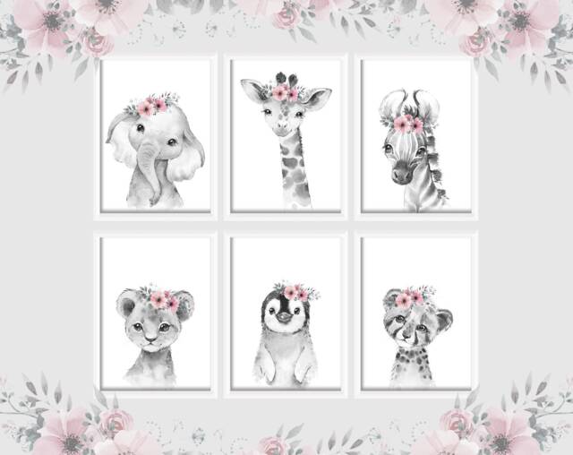 Choose Your Own Safari Animal Elephant Giraffe Zebra Lion Girls A4 Or A3 Nursery Set Of Unframed Prints Pink Grey Flowers - image 1