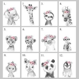 Choose Your Own Safari Animal Elephant Giraffe Zebra Lion Girls A4 Or A3 Nursery Set Of Unframed Prints Pink Grey Flowers - thumbnail 3
