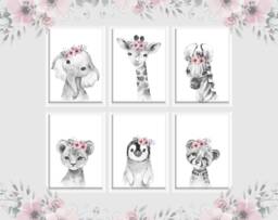 Choose Your Own Safari Animal Elephant Giraffe Zebra Lion Girls A4 Or A3 Nursery Set Of Unframed Prints Pink Grey Flowers - thumbnail 1