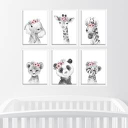 Choose Your Own Safari Animal Elephant Giraffe Zebra Lion Girls A4 Or A3 Nursery Set Of Unframed Prints Pink Grey Flowers - thumbnail 2