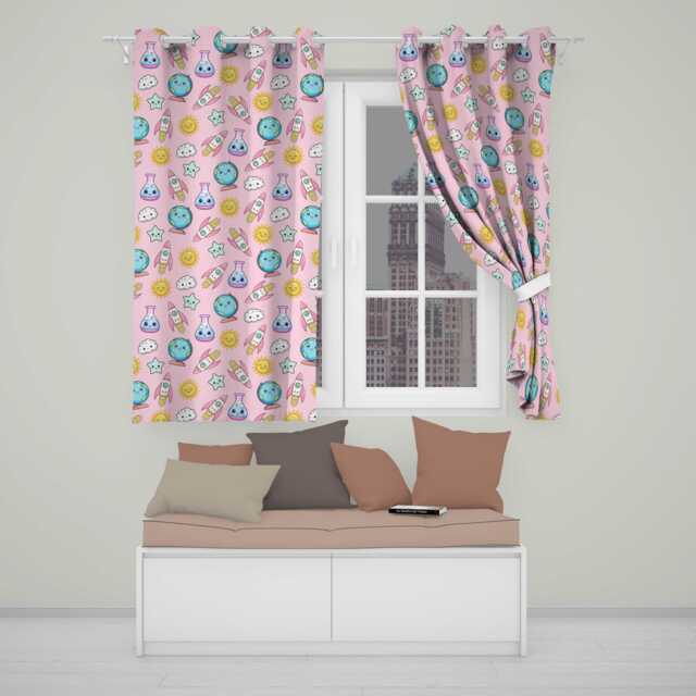 Cute Kawaii Space Rocket Globe Sun Star Purple Seamless Pattern Readymade Eyelet Ring Top Thermal 100% Blackout Curtains - image 1