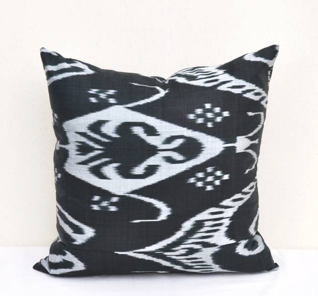 Handmade Black Ikat Pillow Cover, Silk Cotton Cushion - 20x20 In - image 1