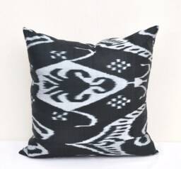 Handmade Black Ikat Pillow Cover, Silk Cotton Cushion - 20x20 In - thumbnail 1