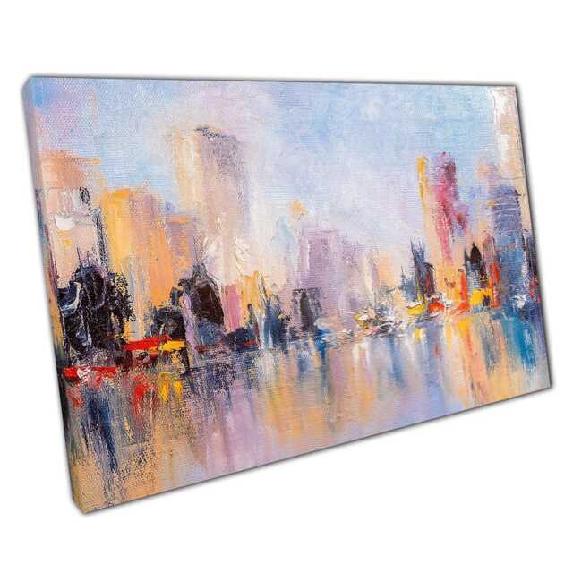 Urban Skyline Oil Painting Canvas Print With Water Reflections For Home & Office Decor - image 1