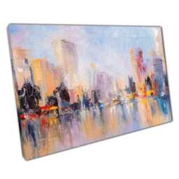 Urban Skyline Oil Painting Canvas Print With Water Reflections For Home & Office Decor - thumbnail 1