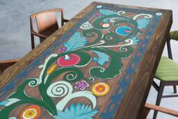 Hand-Carved Wood Dining Table Rustic Floral Design, 75x35 - thumbnail 1
