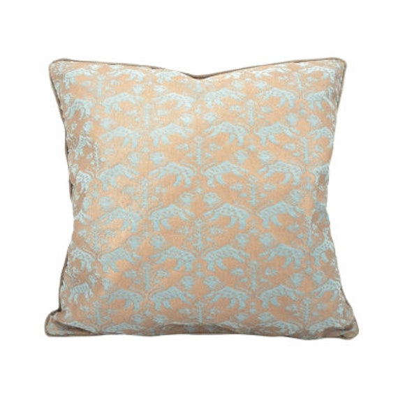 Fortuny Fabric Throw Pillow Cushion Cover in Aquamarine & Silvery Gold Richelieu Pattern - Made Italy - image 1