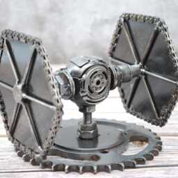 Tie Fighter Star War Scrap Metal Sculpture, Recycled Steel Art, Geeky Valentine Gift - thumbnail 2