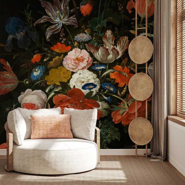Dark Floral Wall Mural - Dutch Style Peel & Stick Wallpaper Moody Vintage Flower Statement - image 1