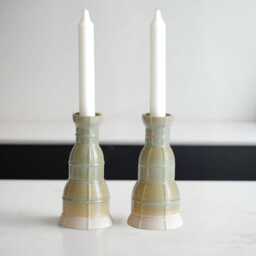 3D Printed Shabbat Candlesticks, Mint Ceramic Checkered Pair - thumbnail 4