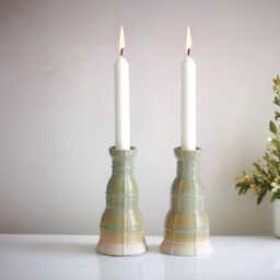 3D Printed Shabbat Candlesticks, Mint Ceramic Checkered Pair - thumbnail 3