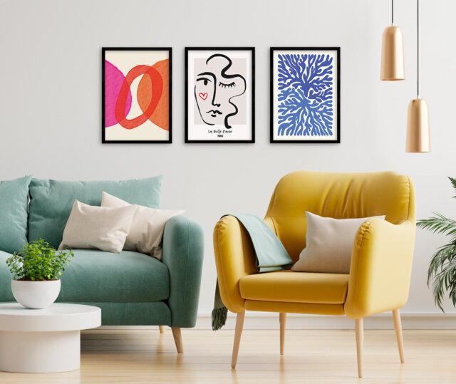 Set Of 3 Three Abstract Art Print Posters Framed Frame Wall Home Decor Modern Contemporary Handdrawn Shapes Colorful Minimal Mid-Century - image 1