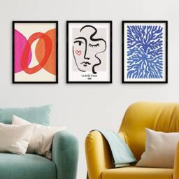 Set Of 3 Three Abstract Art Print Posters Framed Frame Wall Home Decor Modern Contemporary Handdrawn Shapes Colorful Minimal Mid-Century - thumbnail 3