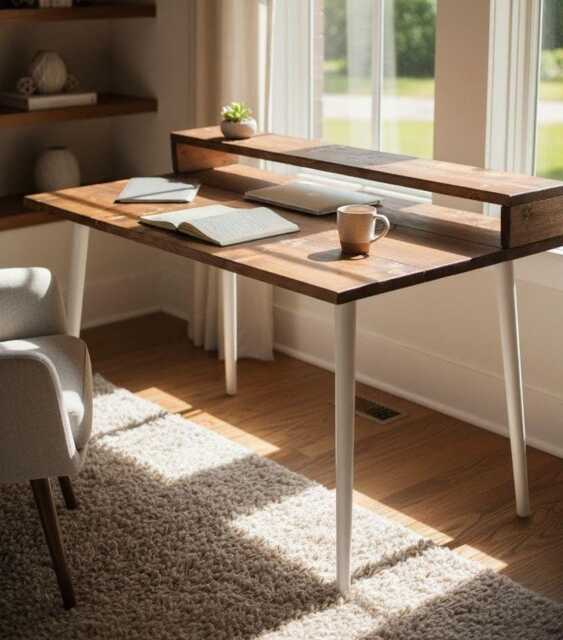 Rustic Wooden Desk With Tapered Legs - Scandinavian Style Handmade Solid Wood Writing Desk, Farmhouse Office Table, Minimalist Loft Furniture - image 1