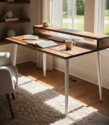 Rustic Wooden Desk With Tapered Legs - Scandinavian Style Handmade Solid Wood Writing Desk, Farmhouse Office Table, Minimalist Loft Furniture - thumbnail 1