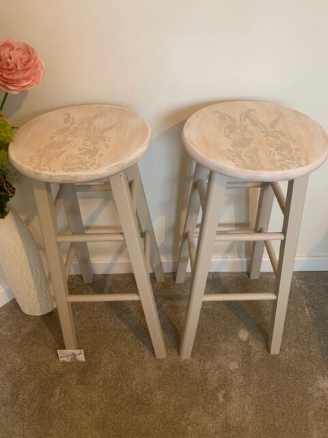 Pair Of Bar Stools Wooden Painted Bespoke Stencilled - image 1