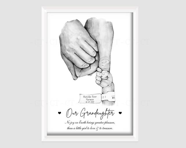 Personalised Grandparent Nan Grandad Print Gift Baby Birth Hands One Child Only Unframed - image 1