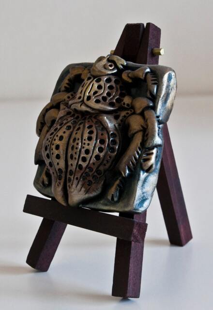 Decorative Bug On A Wooden Stand, Made Of Polymer Clay, Nice Tiny For Desktop - image 1