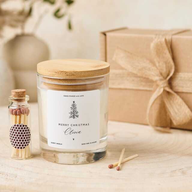 Personalised Christmas Candle Gift With Name For Her Him Vegan Soy Wax Free Box & Mini Matches Jar - image 1