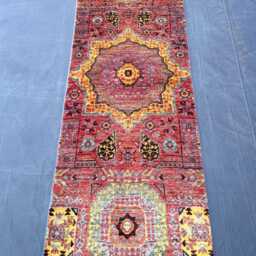 Handmade Wool Rug 2x5, Mamluk Style Runner, Red Yellow Boho Area Rug, Oushak Kitchen Mat, Antique Aesthetic Accent Entryway Unique - thumbnail 2