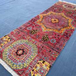 Handmade Wool Rug 2x5, Mamluk Style Runner, Red Yellow Boho Area Rug, Oushak Kitchen Mat, Antique Aesthetic Accent Entryway Unique - thumbnail 3