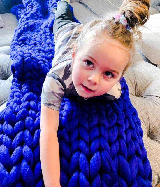 Chunky Knit Blanket, Royal Blue Oversized Handmade Braided Knot Knitted Blanket Acrylic, Vegan - image 1
