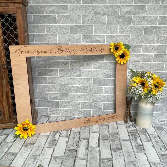 Sunflower Wedding Selfie Frame Personalized Cherry Wood Photo Booth - image 1