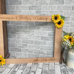 Sunflower Wedding Selfie Frame Personalized Cherry Wood Photo Booth - thumbnail 2
