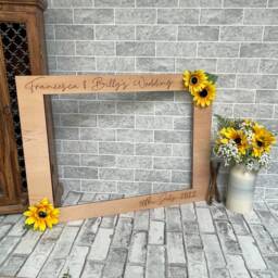 Sunflower Wedding Selfie Frame Personalized Cherry Wood Photo Booth - thumbnail 1