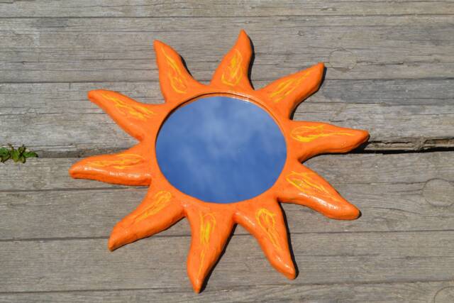 Orange Sunburst Mirror, Papier Mache Sun Mirror, Wall Decorative House Warming Gift, Art, Shaped Orange - image 1
