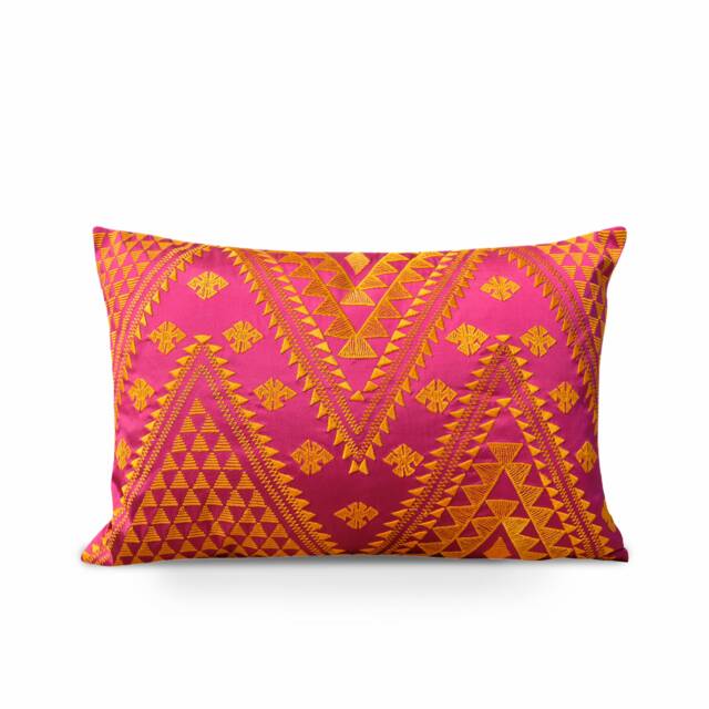 Kilim Embroidered Pillow Cover, Hot Pink & Orange, - 14x21 Inch - image 1