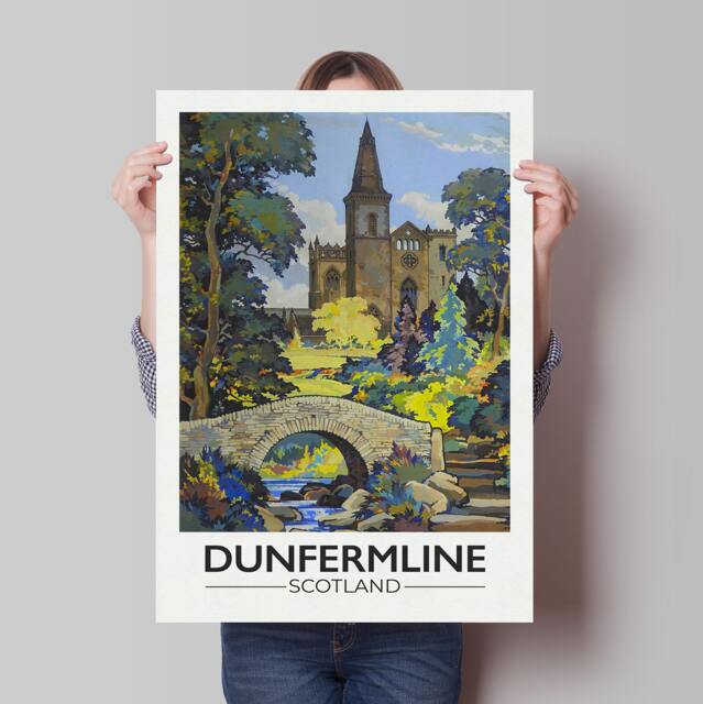 Dunfermline Travel Poster, Fife Bridge Illustration, Dunfermline Abbey, Scottish Art - image 1
