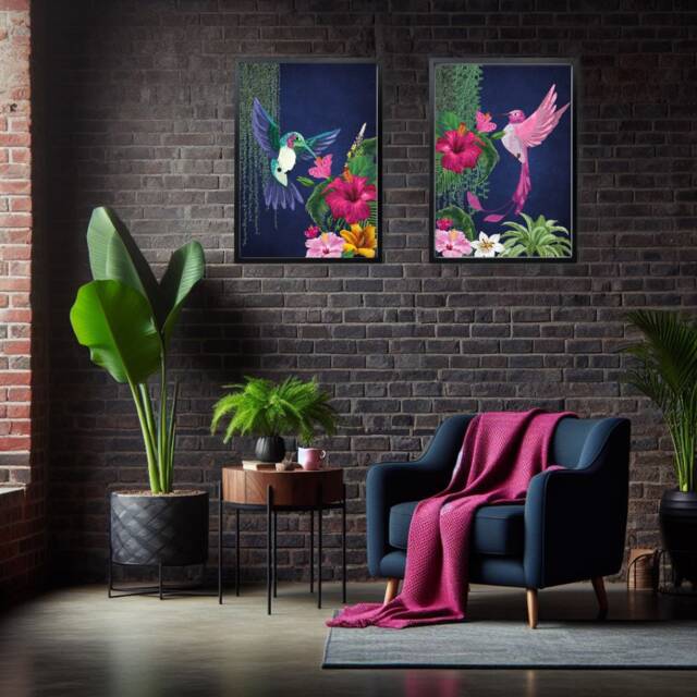 Tropical Birds Print Set - Vibrant Jungle Maximalist Wall Art On Dark Blue Background - image 1