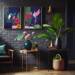 Tropical Birds Print Set - Vibrant Jungle Maximalist Wall Art On Dark Blue Background - thumbnail 3
