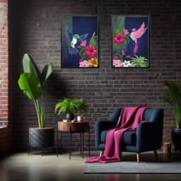Tropical Birds Print Set - Vibrant Jungle Maximalist Wall Art On Dark Blue Background - thumbnail 1